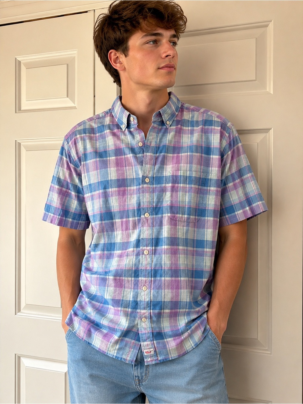 Vineyard VineMen's Short-Sleeve Plaid Button-Down Shirt -Size Large 100% Cotton